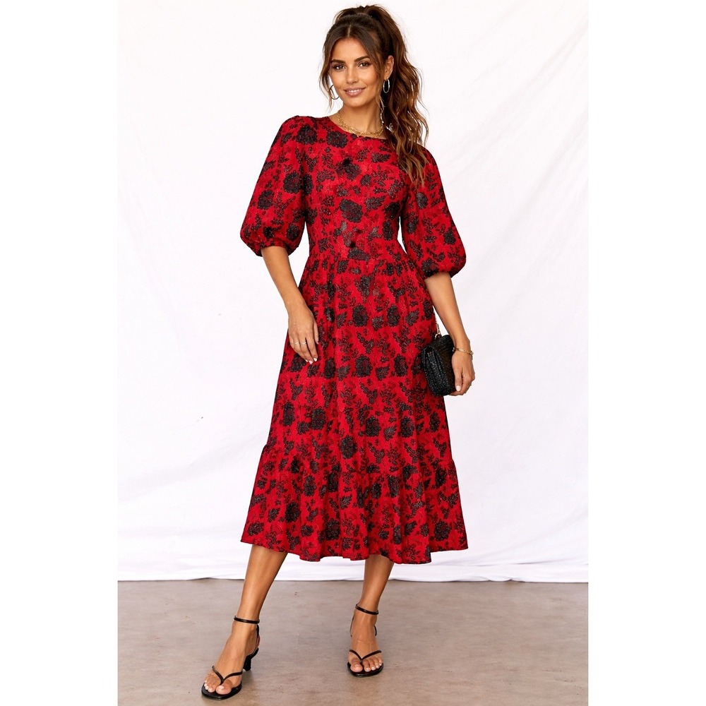 Zara Red Black Floral Sequin Embroidery Puff Sleeve Maxi Summer Dress S